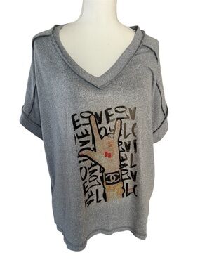 Zenana V Neck Created Graphic Raw Edge T-Shirt